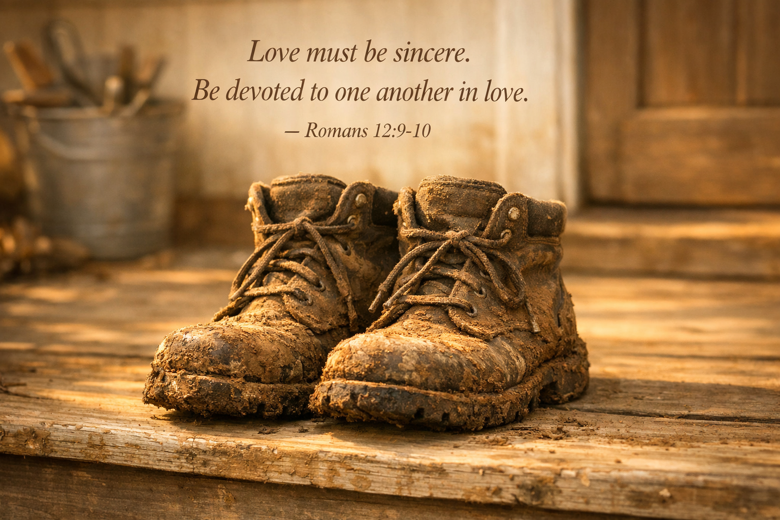 Bible verse wallpaper Romans 12:9-10 with worn muddy work boots on wooden porch step